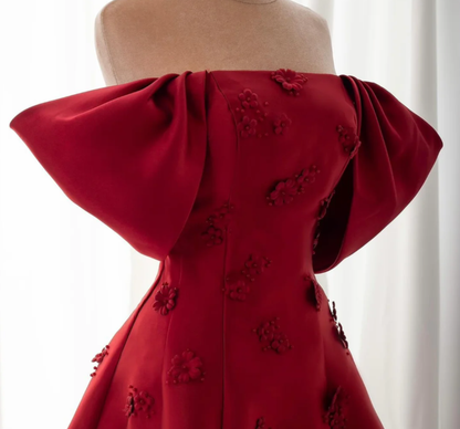 Burgundy Off The Shoulder Satin Appliques Evening Dress Classy Mermaid Party Dress cc1672