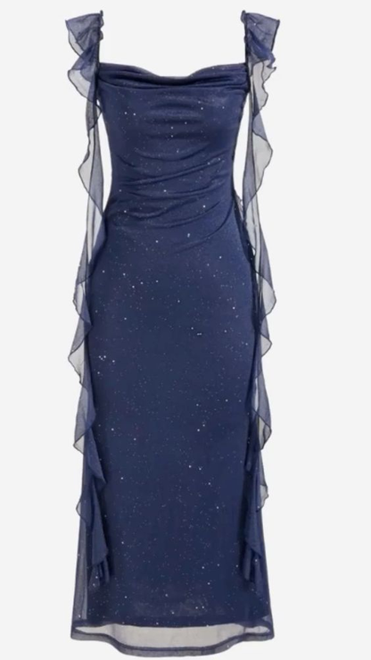 Shiny Navy Blue Chiffon Ruffles Long Prom Dress Elegant Evening Dress cc1551