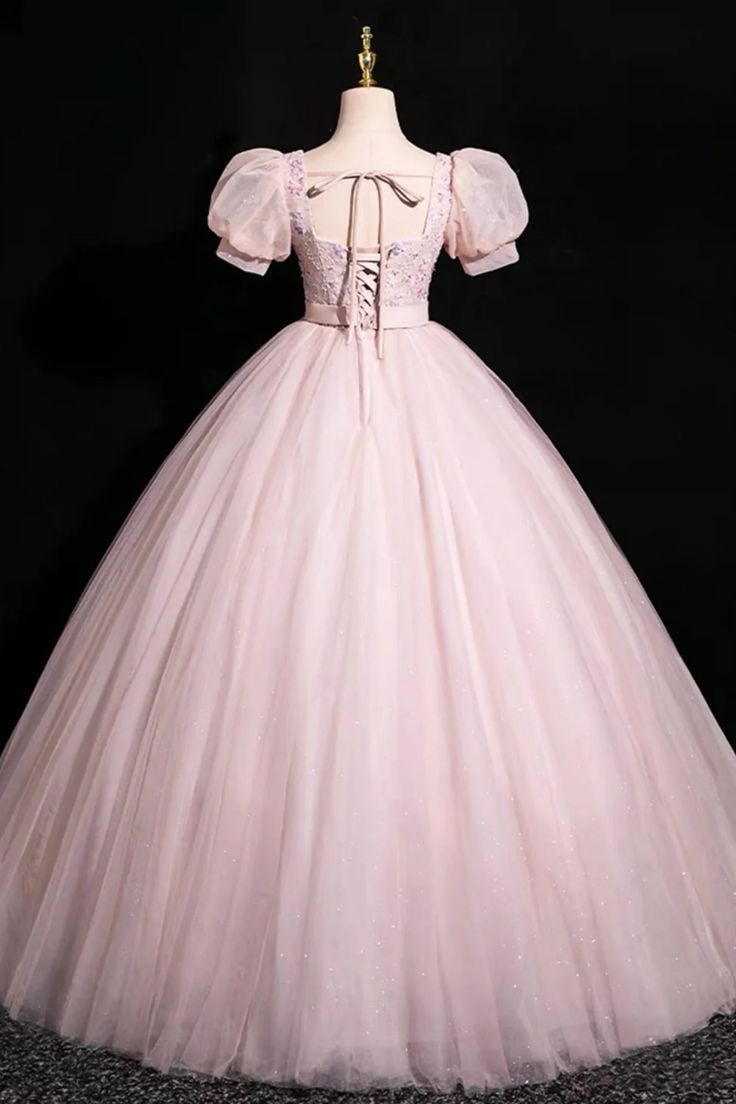 Pink Short Sleeves Floor Length Tulle Long Prom Dress, Long Pink Tulle Formal Evening Dress cc1647