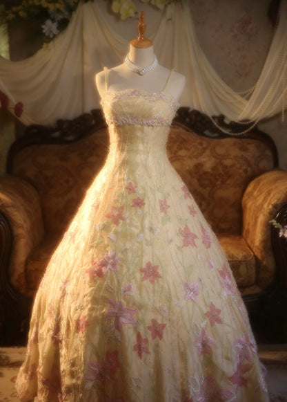 Vintage Yellow A-line Spaghetti Strap Beaded Floral Satin Long Prom Dress Evening Dress cc5024