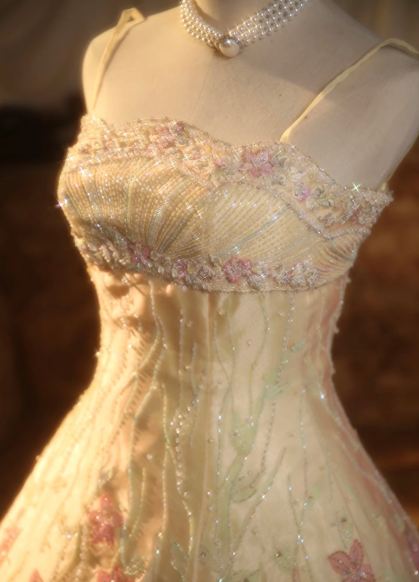 Vintage Yellow A-line Spaghetti Strap Beaded Floral Satin Long Prom Dress Evening Dress cc5024