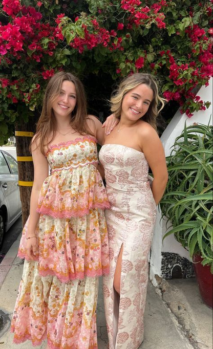 Sweet Spaghetti Straps Tiered Print A-Line Prom Dress Long Prom Evening Dress cc1534