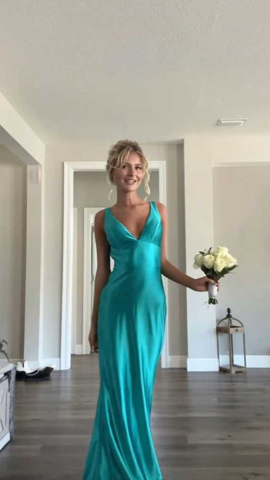 Elegant Sleeveless Mermaid Satin Long Prom Dress V Neck Party Dress cc1593