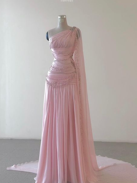 Vintage One Shoulder Pink Beaded  A Line Chiffon Evening Dress Elegant Prom Dress cc1659