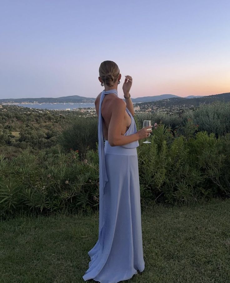 Elegant Blue Loose Halter Neck Tie Backless Chiffon Long Prom Dress Evening Dress cc4844