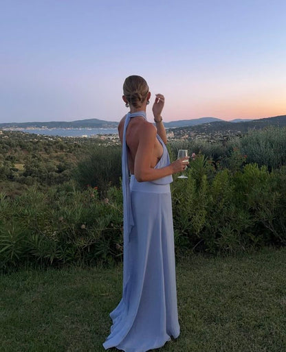 Elegant Blue Loose Halter Neck Tie Backless Chiffon Long Prom Dress Evening Dress cc4844