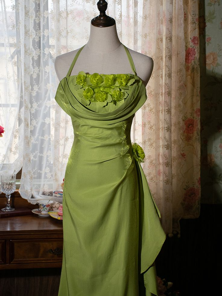 Green Halter Floral Prom Gown Vintage Party Dress Evening Dress cc1490