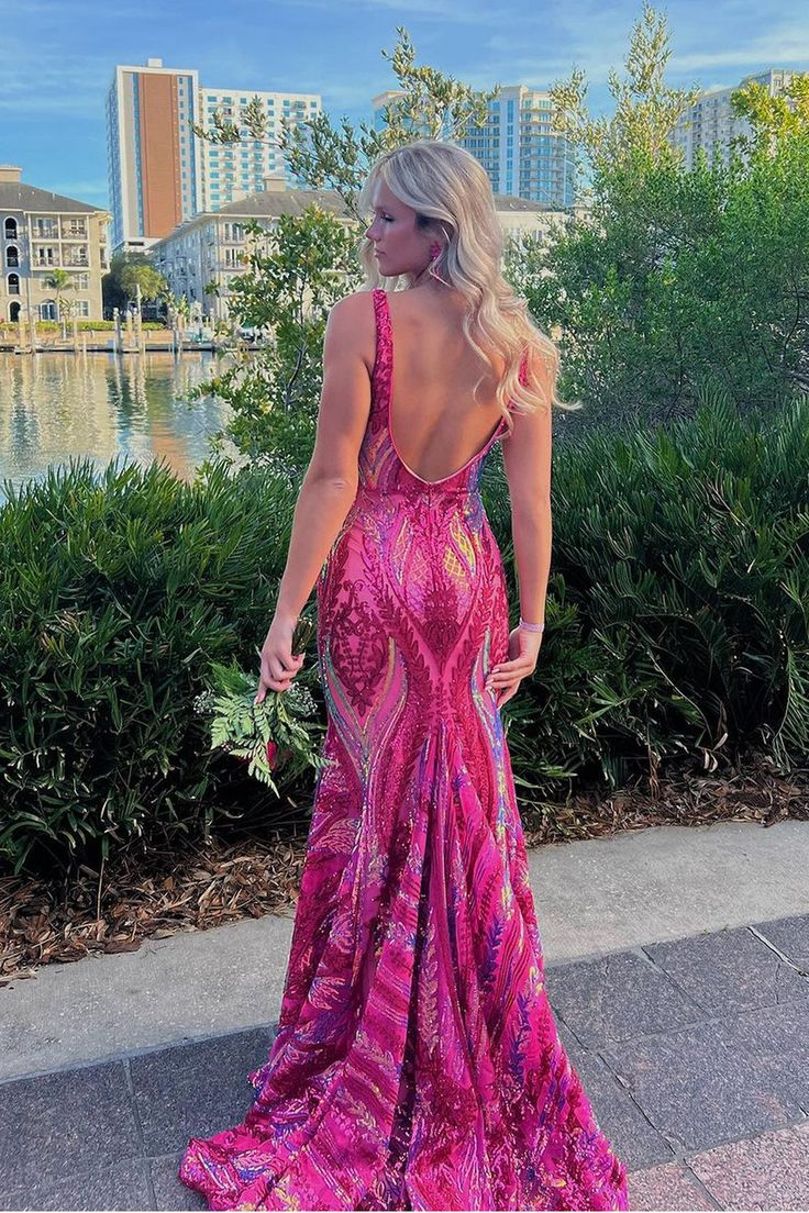Luxurious Mermaid V Neck Fuchsia Sequins Prom Dress Formal Party Dress Evening Gown cc1533