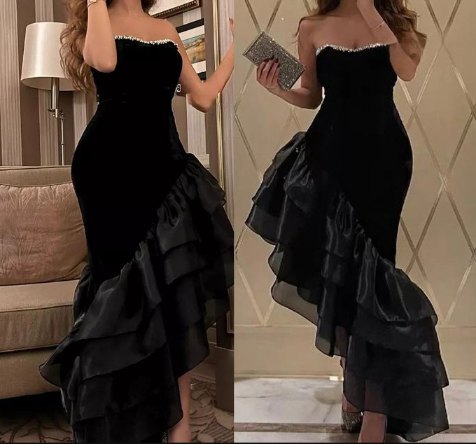 Black Strapless Velvet Mermaid Ruffles Prom Dress Sexy Party Evening Gown cc1753