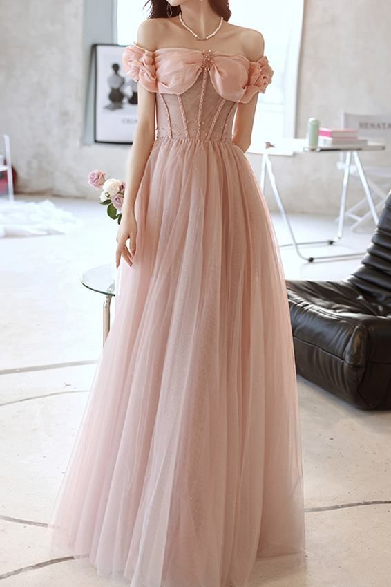 Lovely Pink Off The Shoulder Tulle Beading Prom Dress A Line Party Evening Dress cc1568