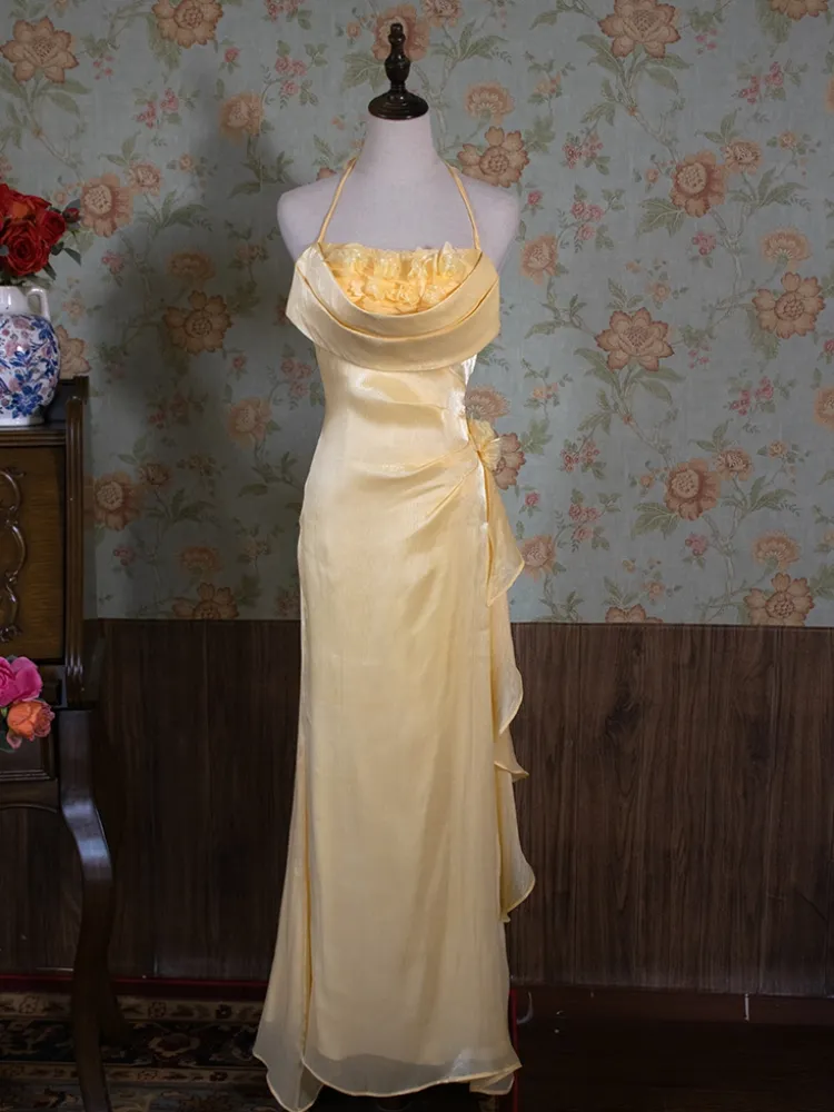 Vintage Halter Neck Floral Prom Dress Fairy Yellow Evening Dress Party Princess Dress cc1491