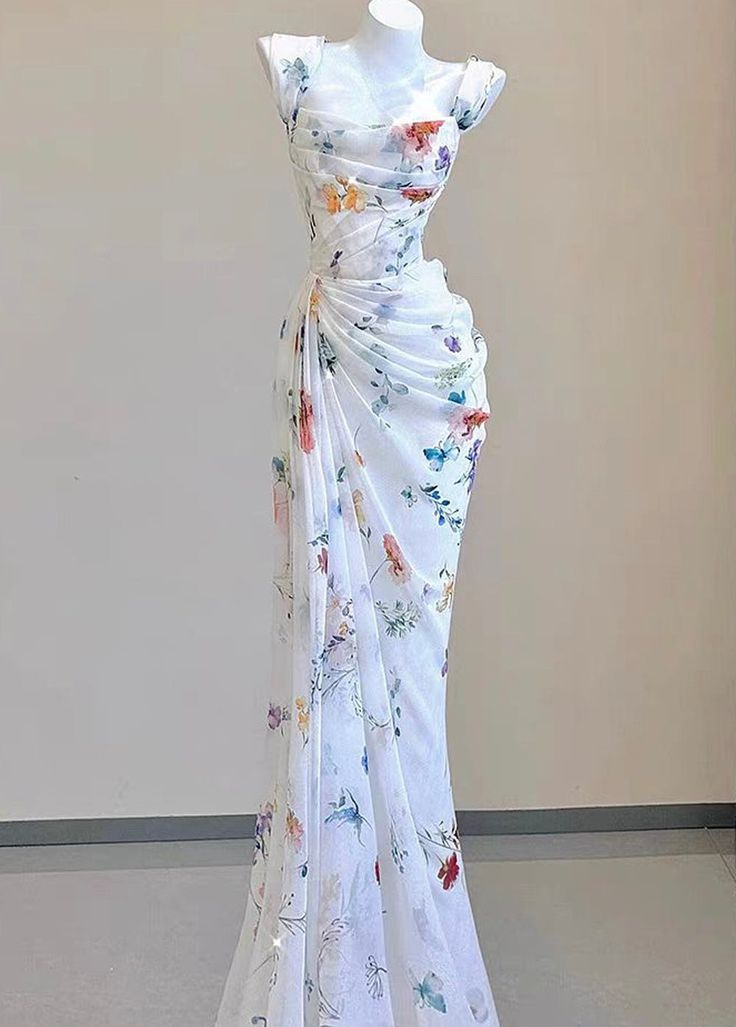 Fairy Chiffon Print Long Mermaid Pleated Evening Dress White Formal Prom Dress cc1481