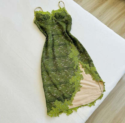 Vintage Green Lace Appliques Prom Dress Sexy Spaghetti Straps Evening Dress cc1521