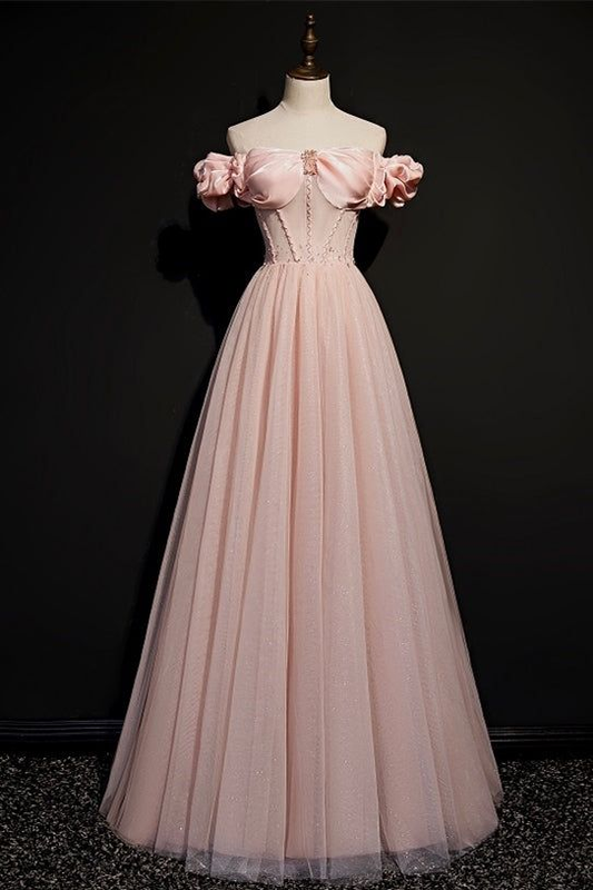 Lovely Pink Off The Shoulder Tulle Beading Prom Dress A Line Party Evening Dress cc1568