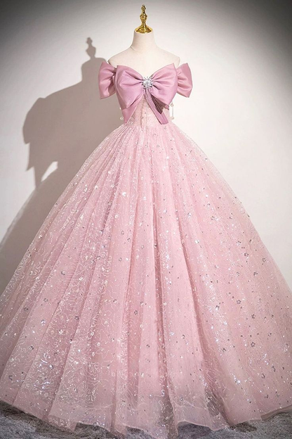 Cute Pink Tulle Sequins Long A-Line Ball Gown, Off Shoulder Sweet 16 Dress cc1732