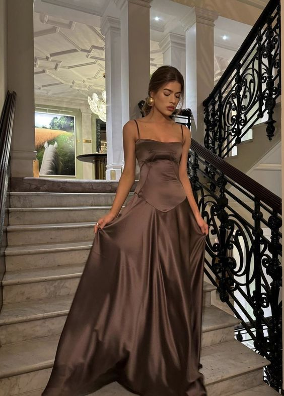 Vintage Brown Spaghetti Straps Prom Dress Long A Line Satin Party Evening Dress cc1473