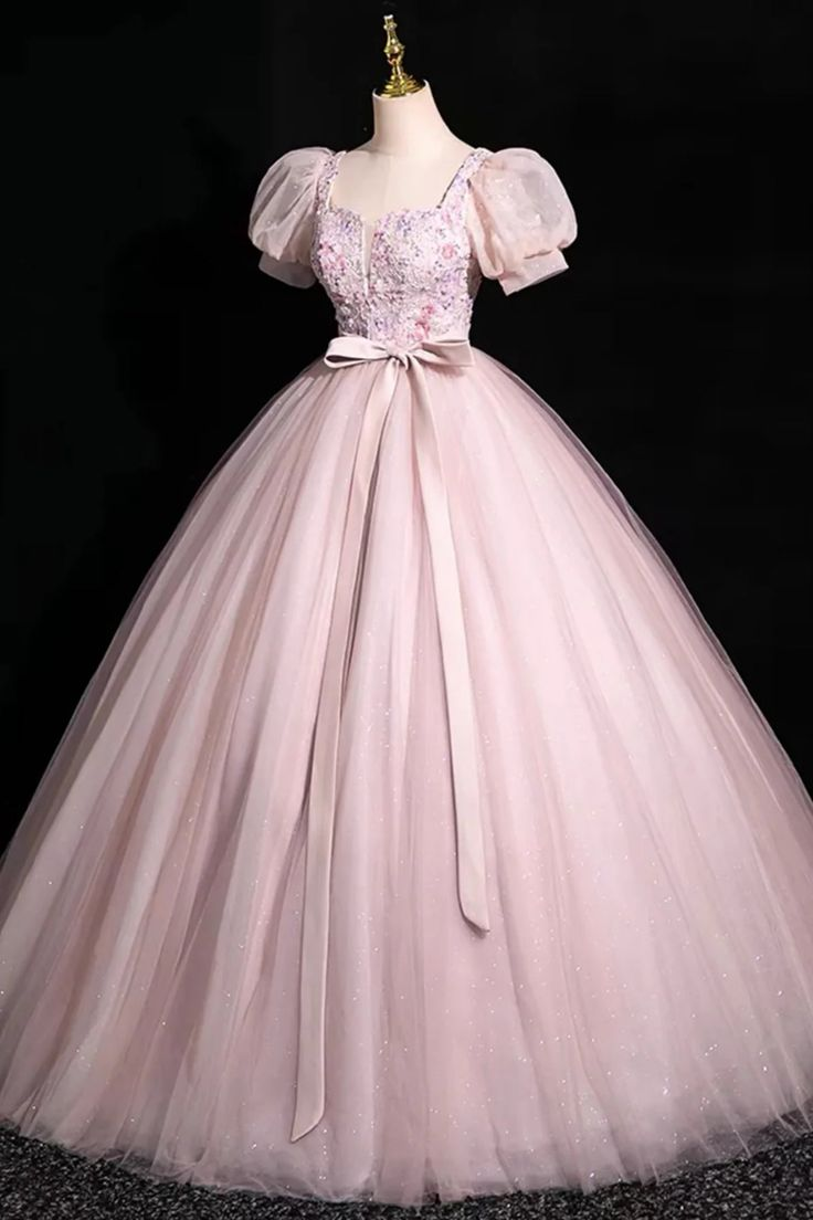 Pink Short Sleeves Floor Length Tulle Long Prom Dress, Long Pink Tulle Formal Evening Dress cc1647