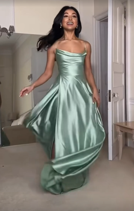 Sexy Slit Satin Evening Dress Spaghetti Straps A Line Prom Dress cc1687