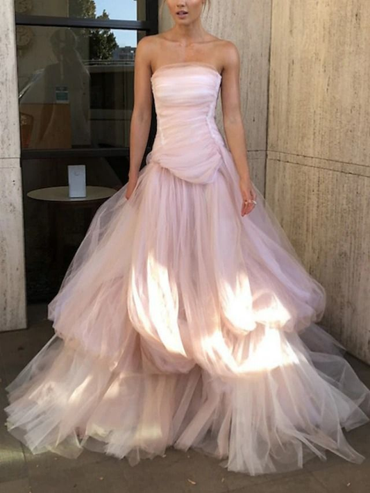 Light Pink Tulle Long Prom Dress Elegant Ball Gown cc1614