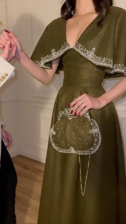 Retro Style V Neck Long Prom Dress,Winter Dance Dress cc578
