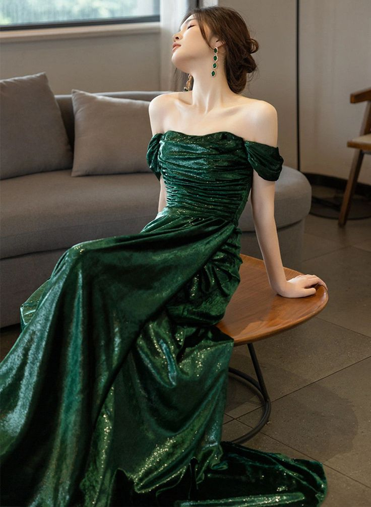 Beautiful Green Off Shoulder Evening Dress, Green Long Prom Dress  cc1444
