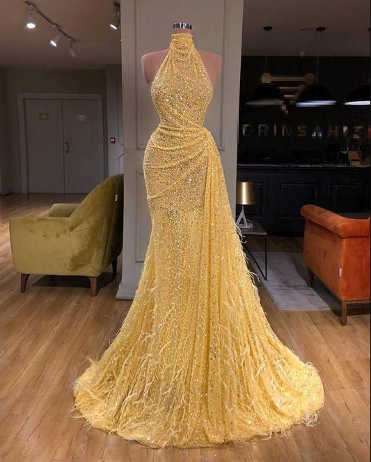 Luxury Yellow Sequins Feathers Evening Dress  Sexy Mermaid Party Prom Dress cc1784