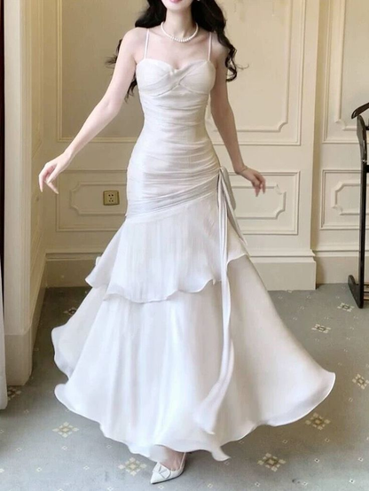 Elegant Straps White Prom Dress Mermaid Long Party Evening Dress cc1757