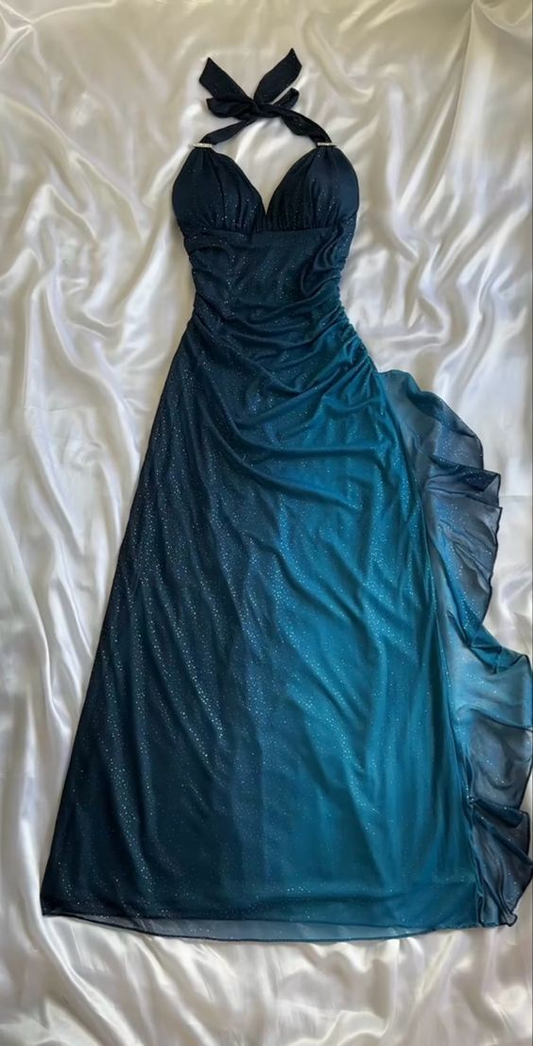 Shiny Halter Chiffon Dark Teal Prom Dress New Arrive Long Party Evening Gown cc1505