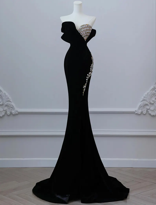 Black Velvet Beaded Prom Dress Formal Mermaid Evening Dress cc1703