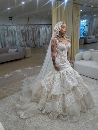 Gorgeous Ivory Lace Strapless Mermaid Wedding Dress with Layered Organza Train cc4704