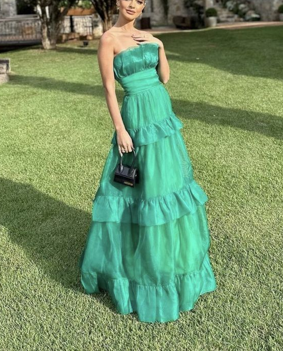 Green Strapless Tulle Layered Long Prom Dress A Line Evening Party Dress cc1520