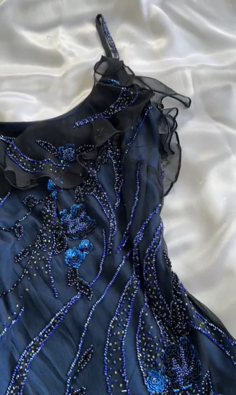 Charmong Navy Blue Chiffon Beaded Long Prom Dress Formal Party Dress  cc1416