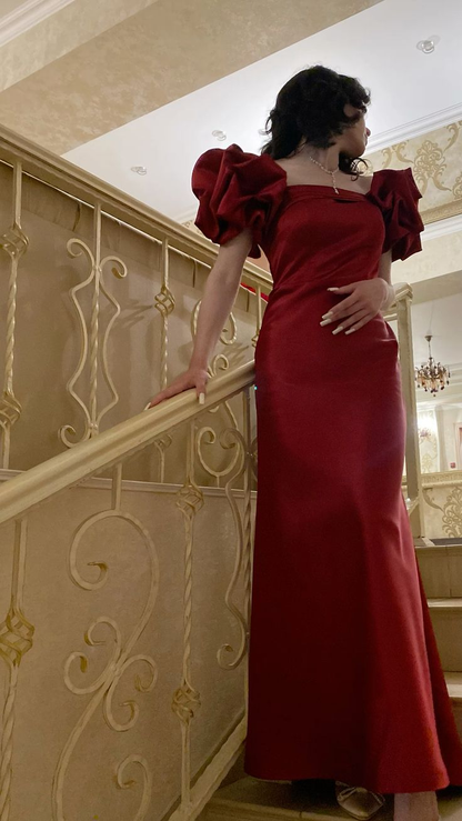 Red Satin Mermaid Prom Dress Puff Sleeves Party Evening Dress cc1585