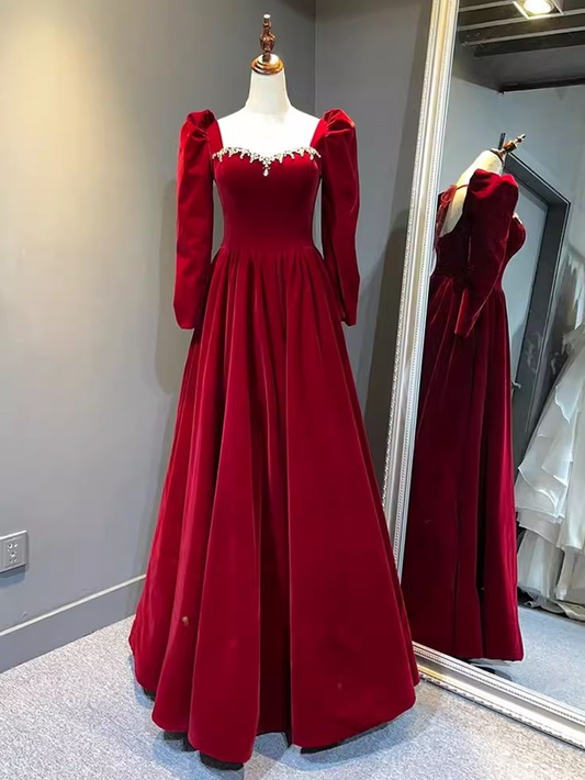 Elegant Red  Velvet Long Sleeves Evening Dress Formal Prom Dress With Beaded cc1567