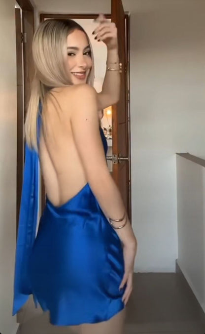 Stunning Royal Blue Halter Neck Satin 17th Birthday Homecoming Dress cc3878