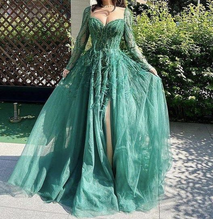 Luxurious Blue Slit Long Party Dress Evening Dress With Feathers cc1731