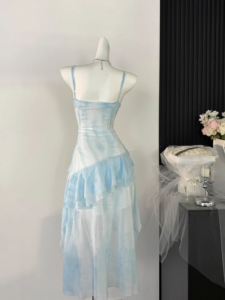 Beautiful High Low Spaghetti Straps Ice Blue Ombre Chiffon Prom Dress Party Dress cc1763
