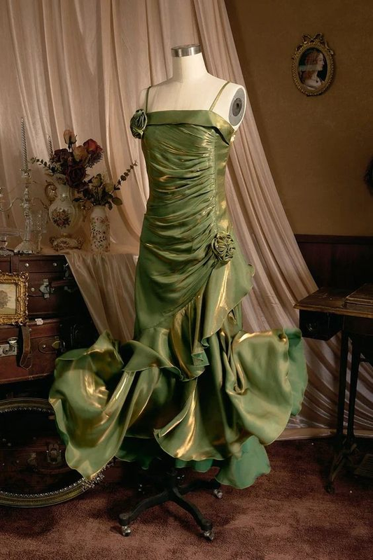 Elegant Mermaid Ruffles Spaghetti Straps Prom Dress With Flower,Formal Party Evening Dress cc1456
