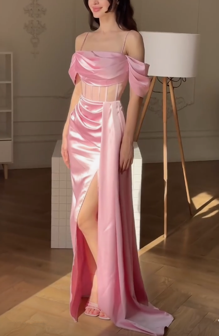 Pink Mermaid Evening Dress Long Slit Party Prom Dress cc1604