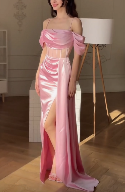 Pink Mermaid Evening Dress Long Slit Party Prom Dress cc1604