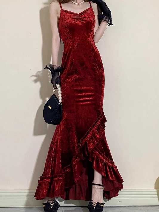 Vintage Burgundy Mermaid Ruffles Prom Dress Spaghetti Straps Long Party Dress Evening Dress cc1461