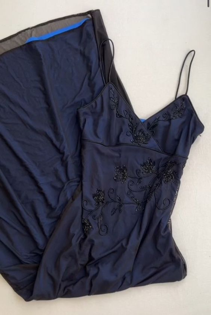 Luxurious Navy Blue Beaded Evening Dress Spaghetti Straps V Neck Prom Party Gown cc1486