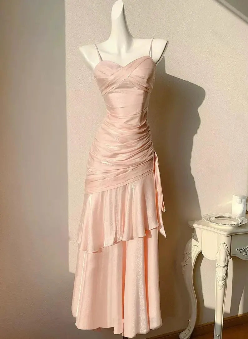 Sweet Pink Mermaid Strapless Pleated Tiered Satin Prom Dress Evening Dress Bridesmaid Dress cc4820