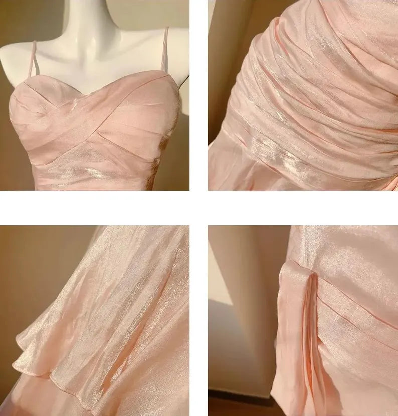 Sweet Pink Mermaid Strapless Pleated Tiered Satin Prom Dress Evening Dress Bridesmaid Dress cc4820