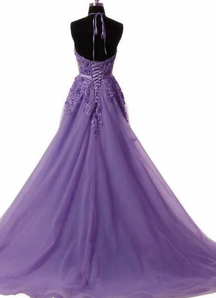Light PurpleHalter Neck Lace Prom Dress with Sweep Train, Backless Evening Gowns C386