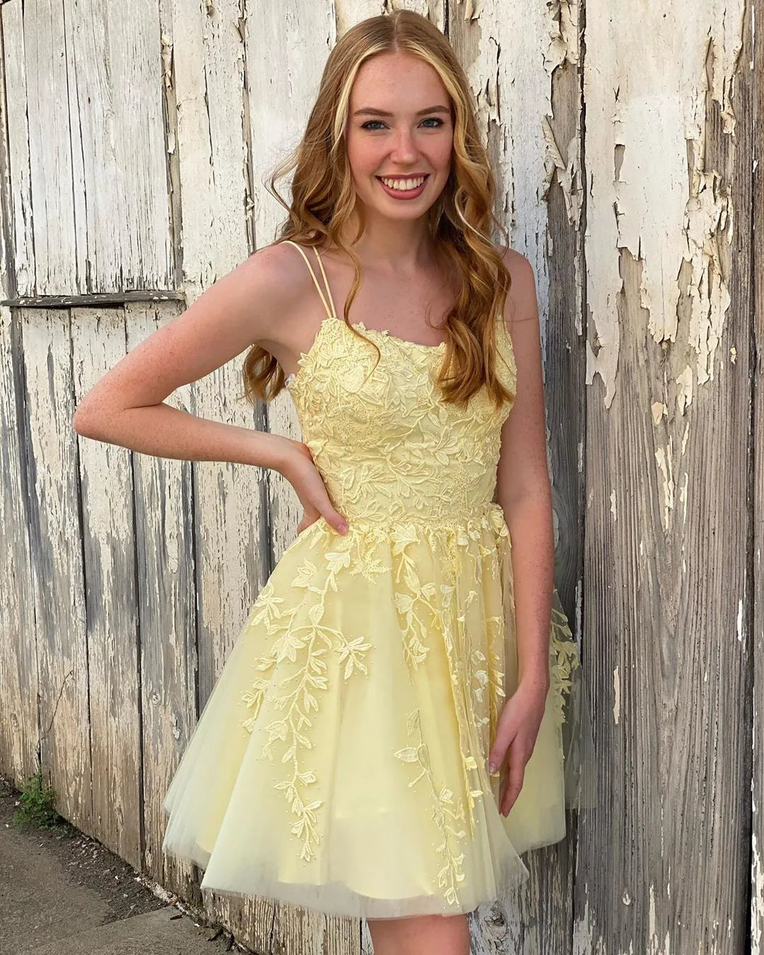 Pretty short A-line yellow homecoming dress with spaghetti straps c2658