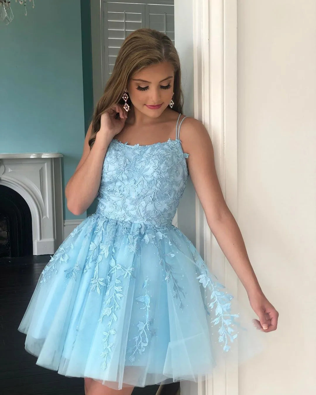 Pretty short A-line yellow homecoming dress with spaghetti straps c2658