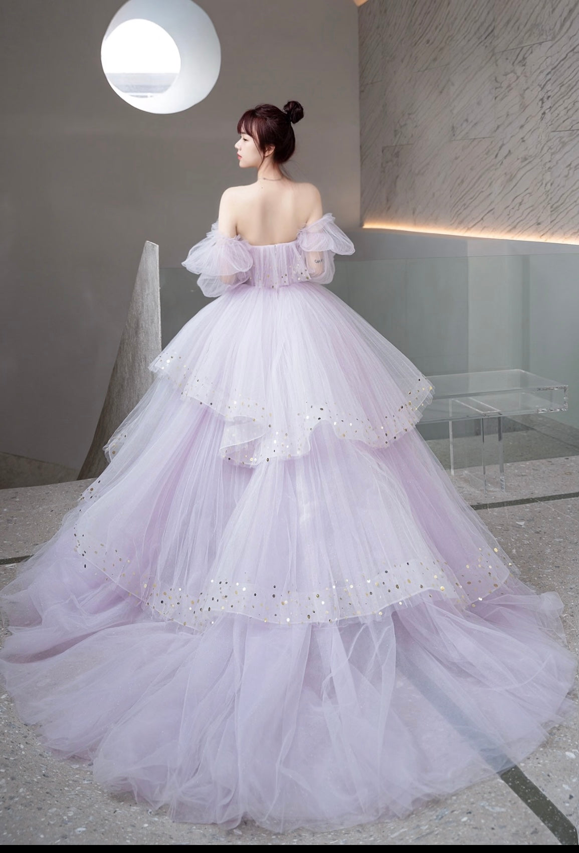 strapless open back dress Light Purple Tulle Layers Ball Gown Princess Formal Dresses, Long Swee –  CherryPromDress