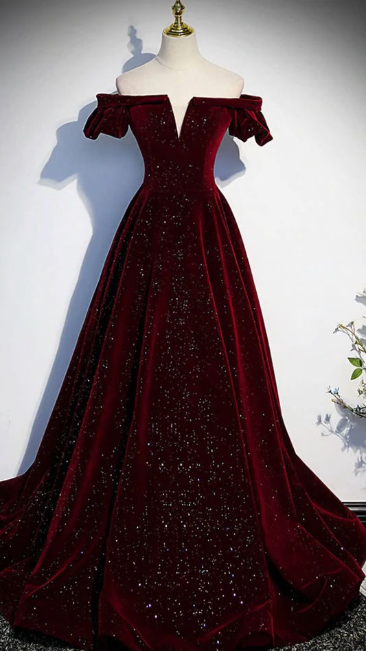 Burgundy Velvet V Neck Long Prom Dress Classy Evening Dress  cc261