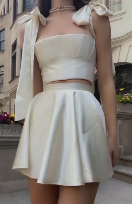 Satin Two Piece Set Sexy Backless Bandage Strap Corset Crop Top High Waist A-line Cute Homecoming Dress cc96